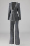 Gris Bleu Col en V Costume Femme Simple Bouton