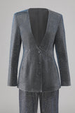 Gris Bleu Col en V Costume Femme Simple Bouton