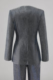 Gris Bleu Col en V Costume Femme Simple Bouton