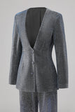 Gris Bleu Col en V Costume Femme Simple Bouton