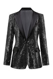 Blazer de bal pour femme à revers noir argenté scintillant