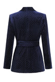 2 Pièces Châle Revers Marine Costumes Femme avec Ceinture