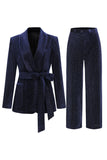 2 Pièces Châle Revers Marine Costumes Femme avec Ceinture