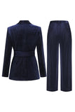 2 Pièces Châle Revers Marine Costumes Femme avec Ceinture