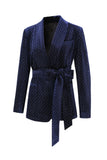 2 Pièces Châle Revers Marine Costumes Femme avec Ceinture