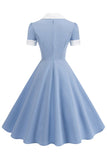 Robe bleue à col en V des années 1950 à manches courtes