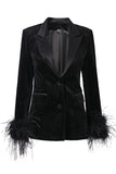 Blazer en velours noir à revers en pointe avec plumes