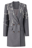 Robe blazer croisée perlée à revers gris scintillant