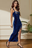 Robe de cocktail moulante sexy en velours bleu royal avec fente