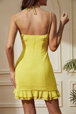 Robe de soirée courte moulante à bretelles spaghetti jaunes