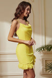 Robe de soirée courte moulante à bretelles spaghetti jaunes