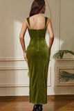 Robe longue de soirée corset en velours sirène vert avec fente lacée