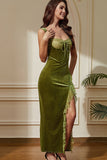 Robe longue de soirée corset en velours sirène vert avec fente lacée