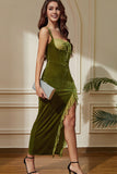 Robe longue de soirée corset en velours sirène vert avec fente lacée