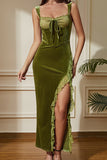 Robe longue de soirée corset en velours sirène vert avec fente lacée