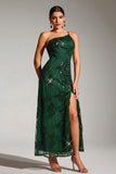 Robe longue de soirée scintillante vert foncé à une épaule sirène à paillettes avec fente