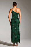 Robe longue de soirée scintillante vert foncé à une épaule sirène à paillettes avec fente