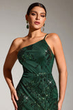 Robe longue de soirée scintillante vert foncé à une épaule sirène à paillettes avec fente