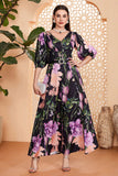 Noir Floral A-ligne Col V Demi-Manches Robe de soirée Longue avec Ceinture