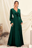 Robe de bal longue à manches longues en velours à col en V vert foncé