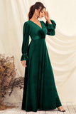 Robe de bal longue à manches longues en velours à col en V vert foncé