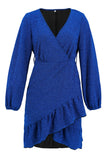 Bleu royal col V Wrap Ruffle Manches longues Robe de soirée courte