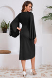 Robe de cocktail midi asymétrique à col en V sirène noire avec manches