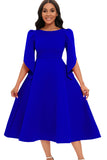 Mode Élégant Bleu Royal Une Ligne Solide Swing Robe avec Demi-Manches