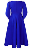 Mode Élégant Bleu Royal Une Ligne Solide Swing Robe avec Demi-Manches