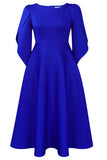 Mode Élégant Bleu Royal Une Ligne Solide Swing Robe avec Demi-Manches