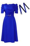 Robe de cocktail bleu royal à col en V à manches courtes avec ceinture