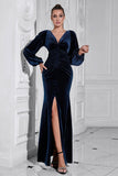 Manches bouffantes Robe de bal longue en velours froncé bleu foncé avec fente