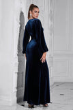 Manches bouffantes Robe de bal longue en velours froncé bleu foncé avec fente