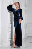 Manches bouffantes Robe de bal longue en velours froncé bleu foncé avec fente