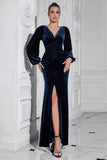 Manches bouffantes Robe de bal longue en velours froncé bleu foncé avec fente