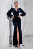 Manches bouffantes Robe de bal longue en velours froncé bleu foncé avec fente