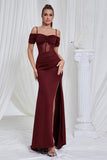 Sirène rouge spaghetti bretelles Corset Robe de bal longue avec fente