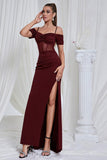 Sirène rouge spaghetti bretelles Corset Robe de bal longue avec fente