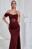 Sirène rouge spaghetti bretelles Corset Robe de bal longue avec fente
