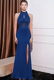Robe de bal longue perlée scintillante bleu royal sirène à col nu perlé avec fente