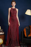 Paillettes dorées Une ligne spaghetti bretelles Perles Robe de bal longue
