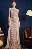 Paillettes dorées Une ligne spaghetti bretelles Perles Robe de bal longue