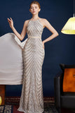 Paillettes dorées Une ligne spaghetti bretelles Perles Robe de bal longue