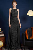 Paillettes dorées Une ligne spaghetti bretelles Perles Robe de bal longue
