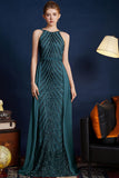 Paillettes dorées Une ligne spaghetti bretelles Perles Robe de bal longue