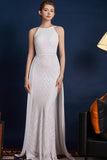 Paillettes dorées Une ligne spaghetti bretelles Perles Robe de bal longue