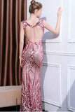 Robe de bal longue sirène florale rose scintillante à col en V