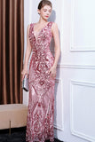 Robe de bal longue sirène florale rose scintillante à col en V
