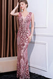 Robe de bal longue sirène florale rose scintillante à col en V