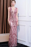 Robe de bal longue sirène florale rose scintillante à col en V